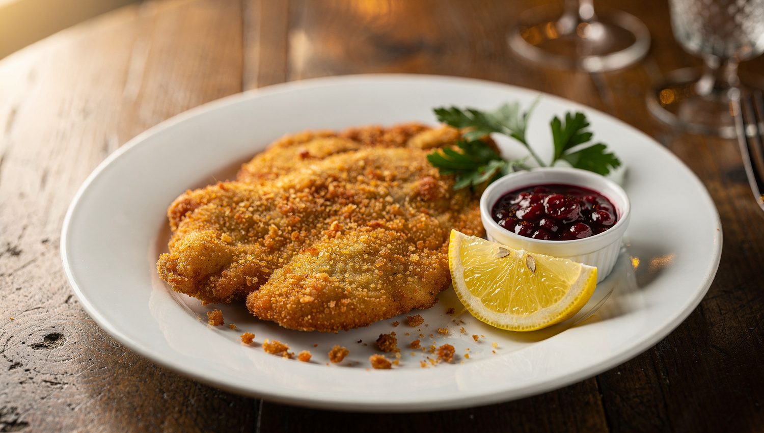 Frisch gebratenes Wiener Schnitzel aus der Küche des Löwen